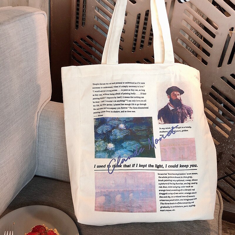 Van Gogh Monet Print Vrouwen Tassen Eenvoudige Milieu Schouder Shopper Handtas Meisjes Rits Wasbaar Canvas Tas Bolsas