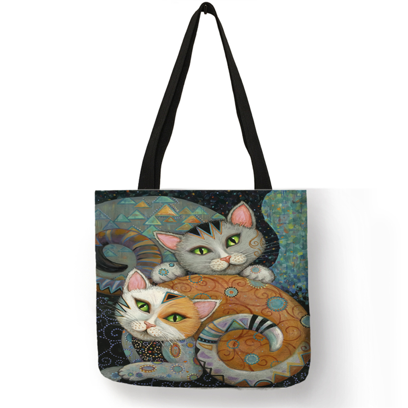 B13070 Abstract Religie Kat Print Casual Tote Cartoon Afdrukken Vrouwen Handtas Herbruikbare Shopper Tassen: 001