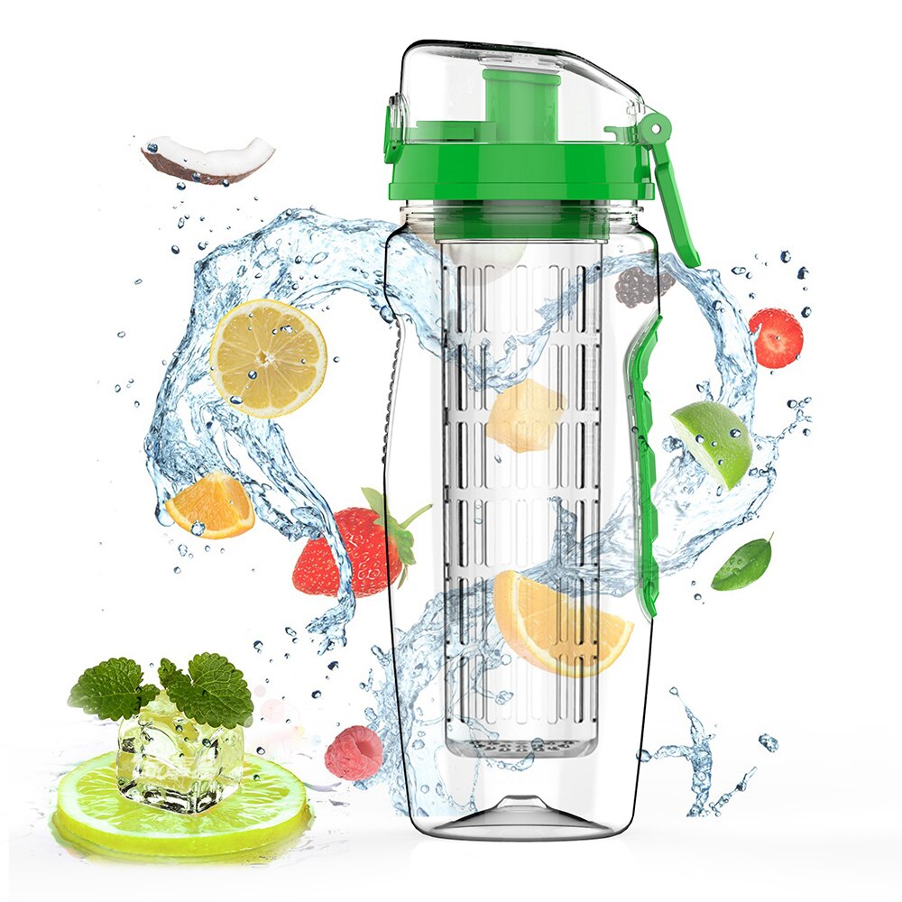 BPA Freie Obst Flasche für Wasser Flasche Obst Infuser Trinken Wasser Flaschen Saft Sport Zitrone Tritan Wasser Flasche Fitness Mädchen: Grün 1000ml