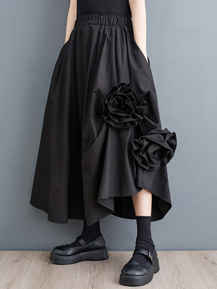 Sommer sort vintage højtaljet nederdel kvinder uregelmæssig splejset blomsterprint plus size løse afslappede midi nederdele tøj