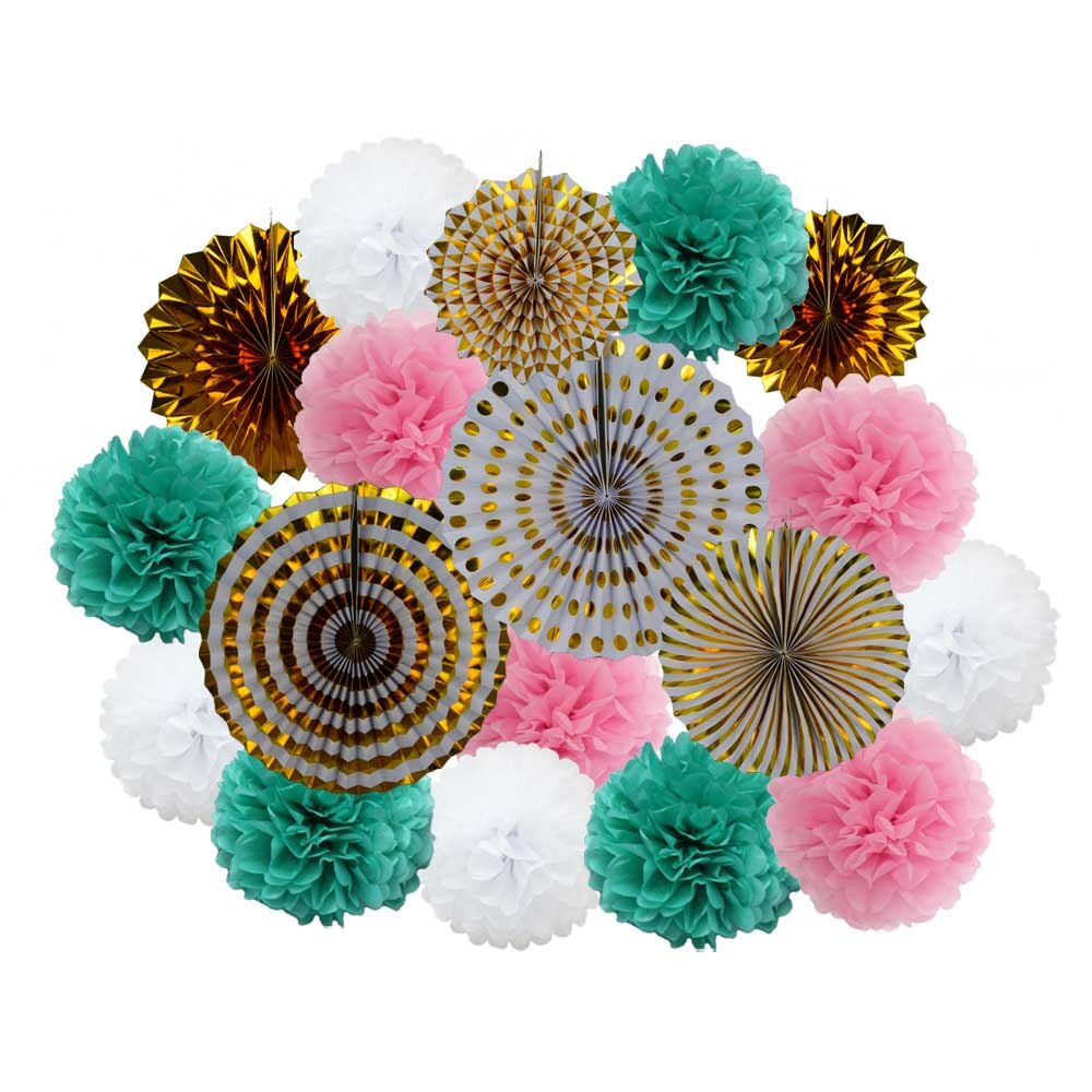 Lente Party Favor Goud Groen Set Vouwen Opknoping Papier Pom Pom Fans Baby Shower Kids Meisje Jongen Verjaardag Decoratie: Gold Pink tiffany