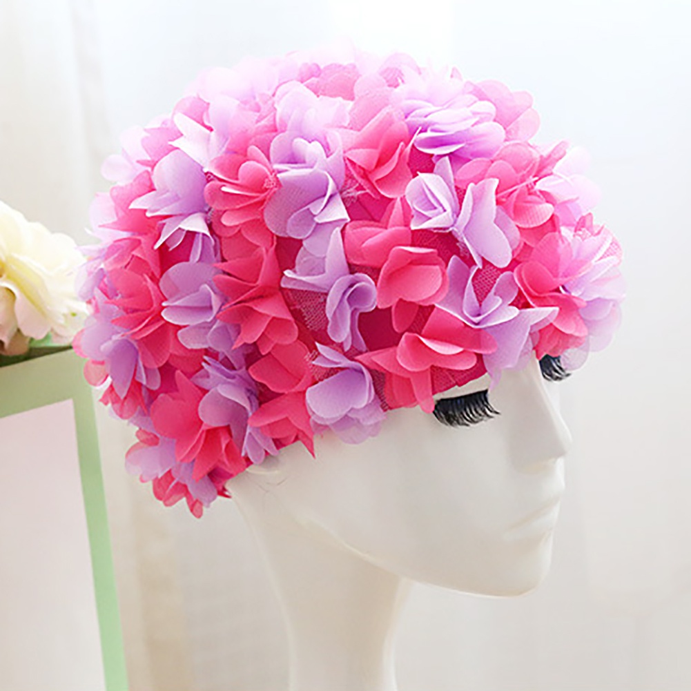 Cuffia da nuoto a fiori da donna confortevole cappello da piscina traspirante petali tridimensionali elastico più fascia per capelli 3D