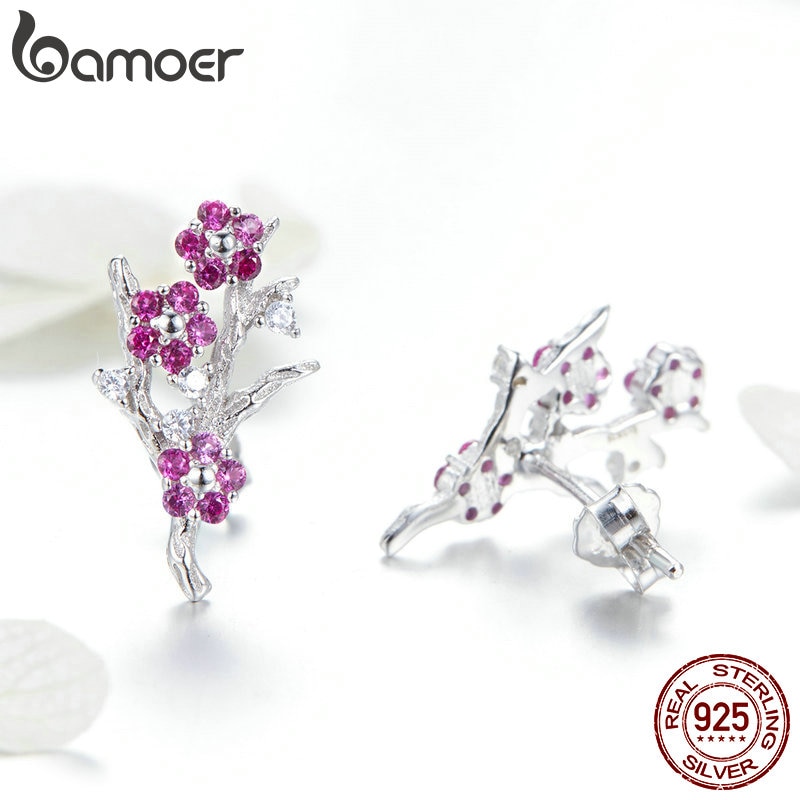 Bamoer 100% 925 Sterling Zilver Bloeiende Wintersweet Plum Bloem Ringen Oorbellen Vrouwen Sieraden Sets Zirkoon Luxe Sieraden ZHS096