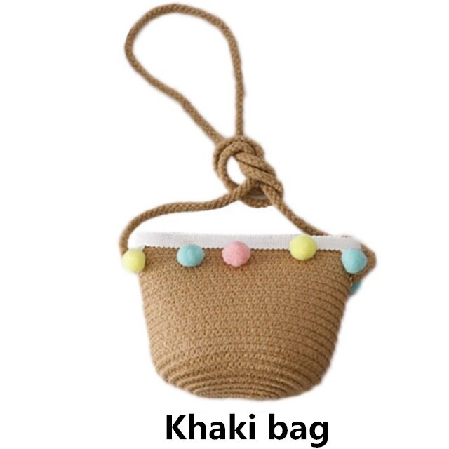 Zomer Reis Stro Hoed Voor Meisjes Prinses Kids Kind Geweven Rand Bloemen Zonnehoed En Tas Sets Voor Outdoor: Bag khaki