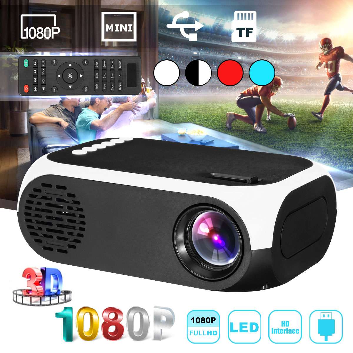 Mini projector 1080p HD USB TF Portable Cinema Projector Home Theatre System Support 3D Movie Household Projector