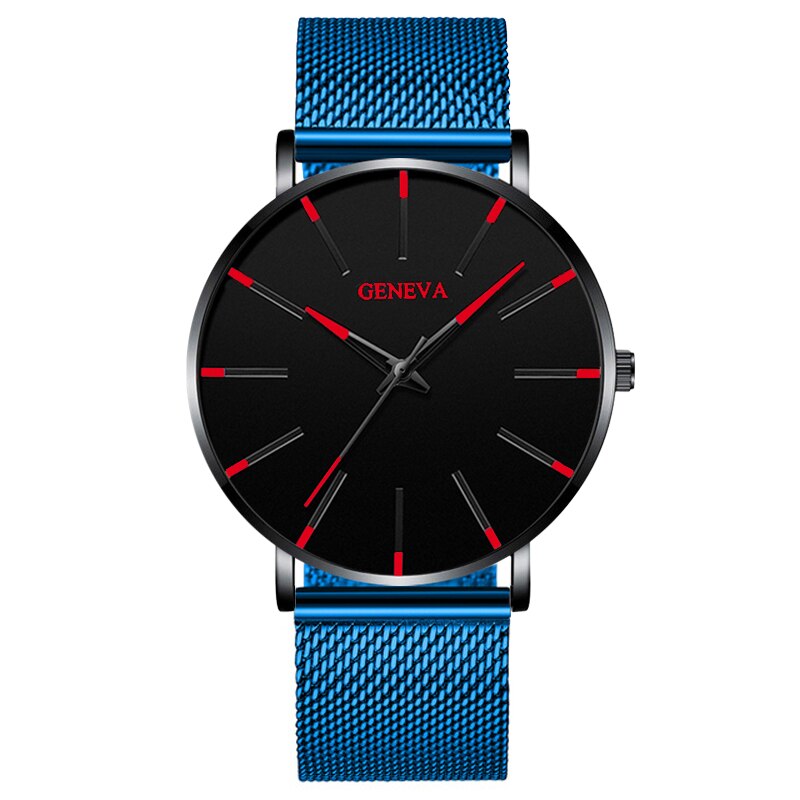 Heren ultradunne horloges minimalistische eenvoudige heren zakelijke roestvrijstalen mesh band quartz horloge relogio masculino: Blauw rood