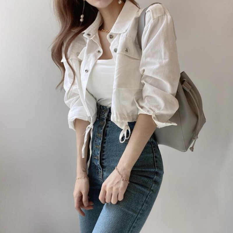 Ensfarvede jakker til kvinder i koreansk stil crop tops shirring enkeltradede knaplommer afslappet all-match daglig efterårs chic