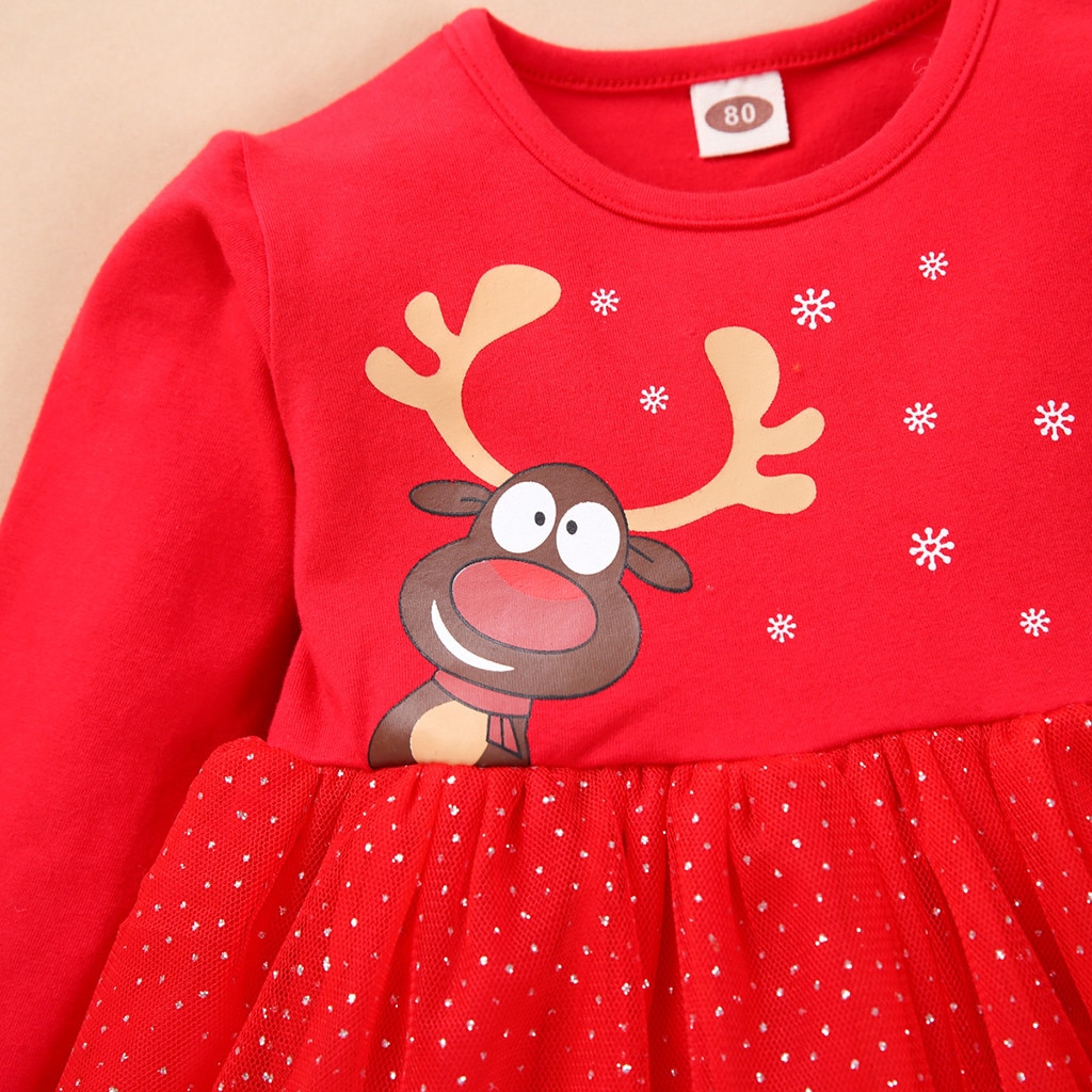 Christmas Dress Girl 12m-4t Newborn Youth Teen Girl Long Sleeve Christmas Day Cartoon Deer Tulle Dress Vestido De Niñas