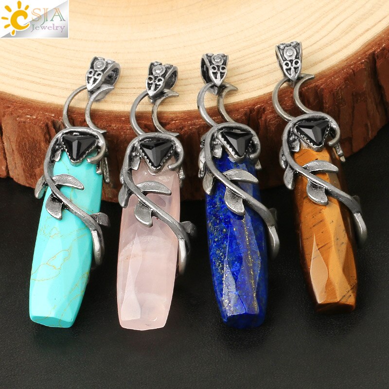 CSJA Antique Silver Color Pendant Necklaces Natural Crystal Stones Leaves Winding Faceted Rectangle Long Pendants Women Men G587