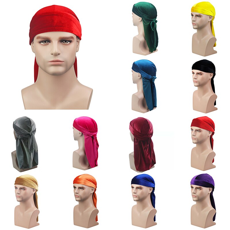 velours longue queue Durag hommes Hip Hop Turban femmes chimio casquette respirant doux solide couleur Pirate chapeau Bandanas chapeaux