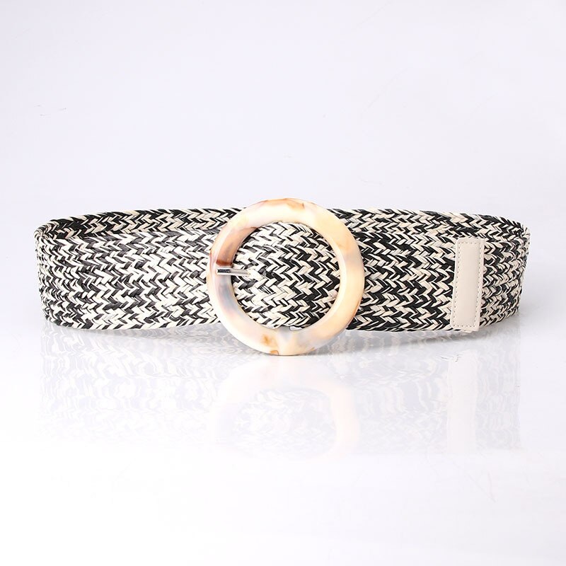 Summer Women Braided Elastic Belt Round Resin Buckle Vintage Bohe Straw Buckle Belt Dress Shirt Dress Belt Female Knitted Belt: black