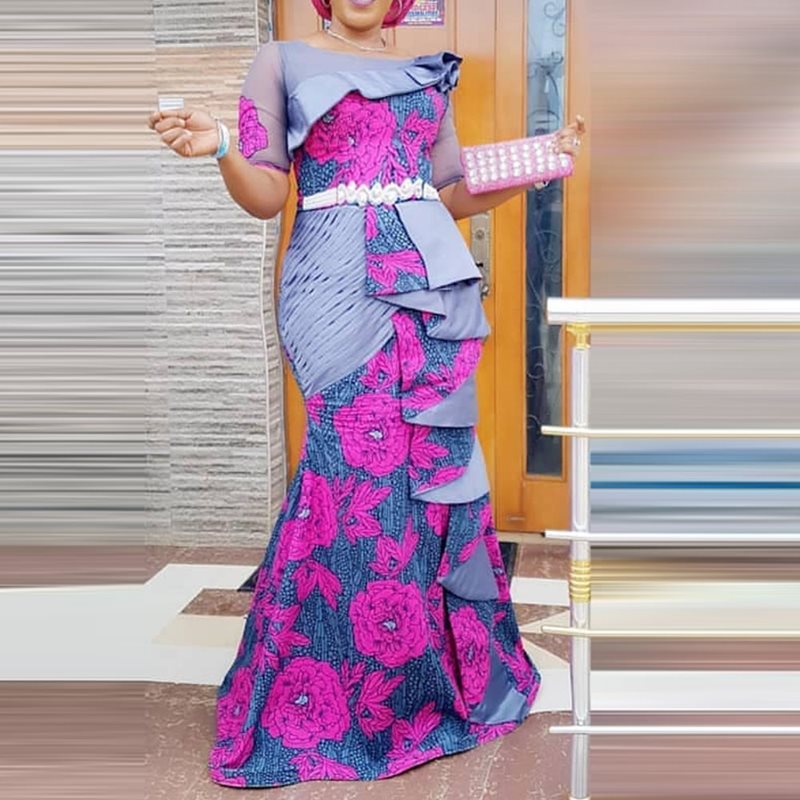 Sydafrikanske print kjole kvinder flæser flora robe africaine femme bodycon maxi havfrue kjole afrika tøj efterår vinter