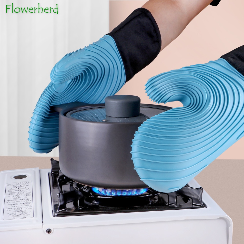 Insulation Gloves, Microwave Oven Silicone Kitchen Anti-scalding Gloves, Thick Cotton Non-slip Waterproof Oven Gloves