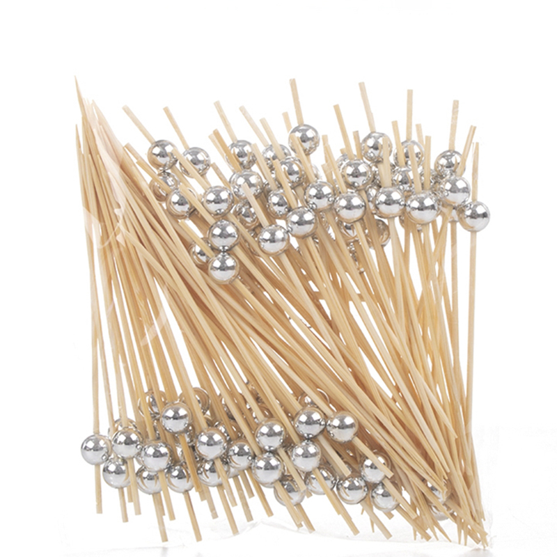 100PCS Gold Beads Bamboo Fruit Sticks For Kids Cocktail Decoration Picks Salad Sandwich Buffet Toothpicks Wedding Party Supply: Silver Beads