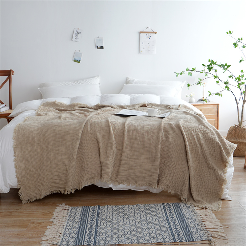 Decke aus 100 % Baumwolle, garngefärbt, Schal, Quasten-Stil, karierte Jacquard-Decken, hautfreundliches Bettwäsche, hochwertiges , Cobertor: Königin / Blau