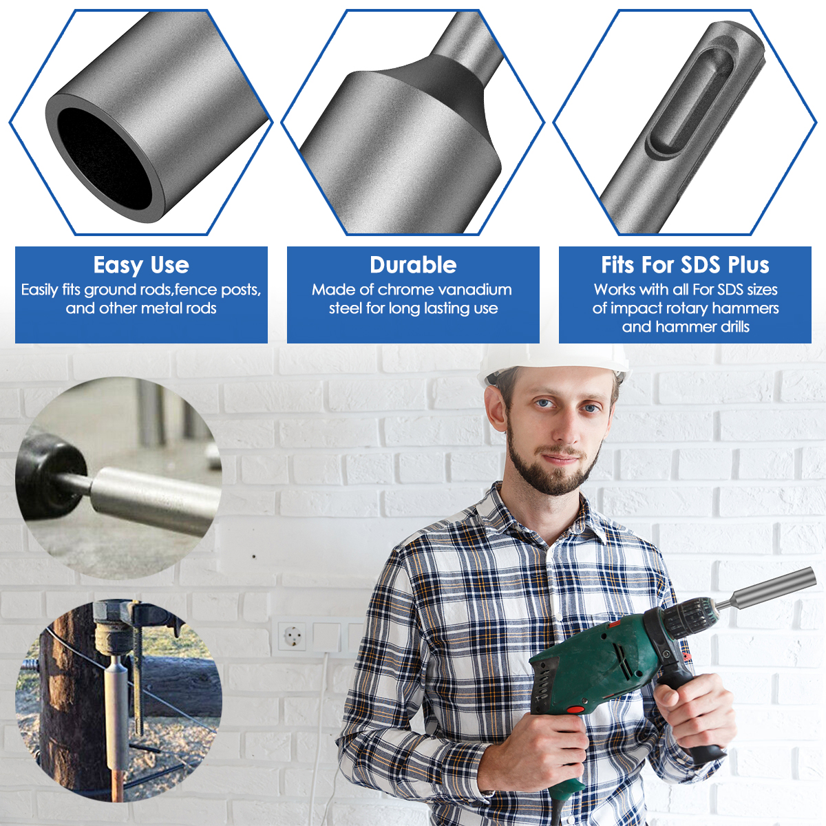 SDS Plus Ground Rod Driver for 5/8Inch and 3/4Inch Ground Rods Durable Hardened Steel for SDS Plus Rotary Hammer Drill Power Too