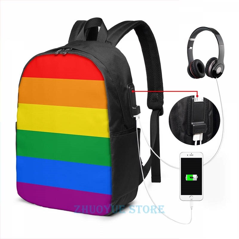 Grappige Grafische Print Gay Pride Vlag Streep Usb Lading Rugzak Mannen Schooltassen Vrouwen Tas Reizen Laptoptas