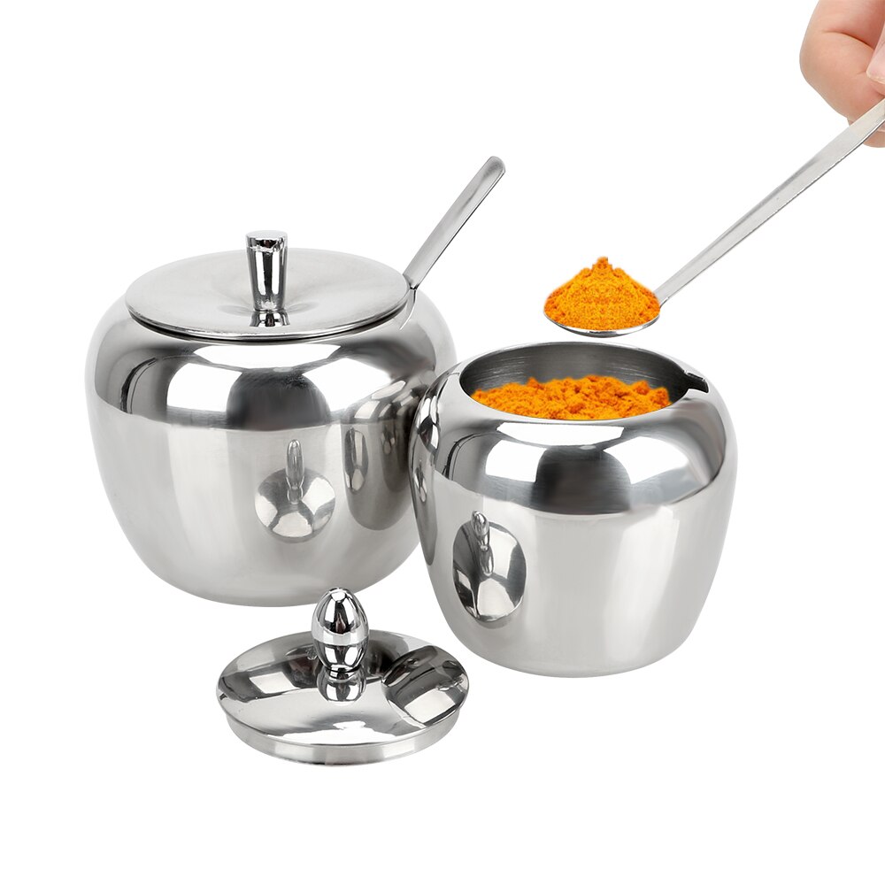 Spice Container With Lid and Spoon Tableware Stainless Steel Apple Sugar Bowl Condiment Pot Seasoning Jar