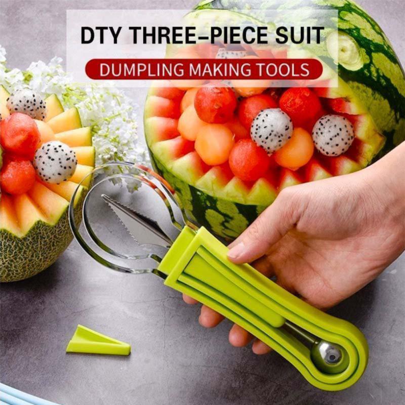 Cuchara de excavación de fruta, plato separador de pulpa, cuchillo de tallado, juego de tres piezas, removedor de doble cabeza, bola de acero inoxidable