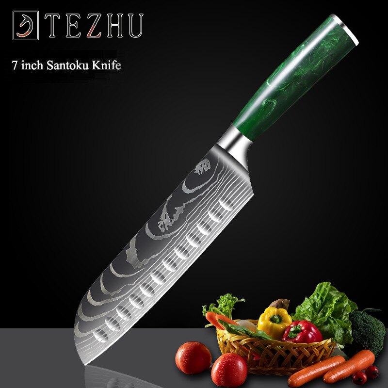 Professionele Keuken Messen Set Japanse High Carbon Staal Chef Messen Imitatie Damascus Patroon Slicer Santokumes Set: Japanese knife