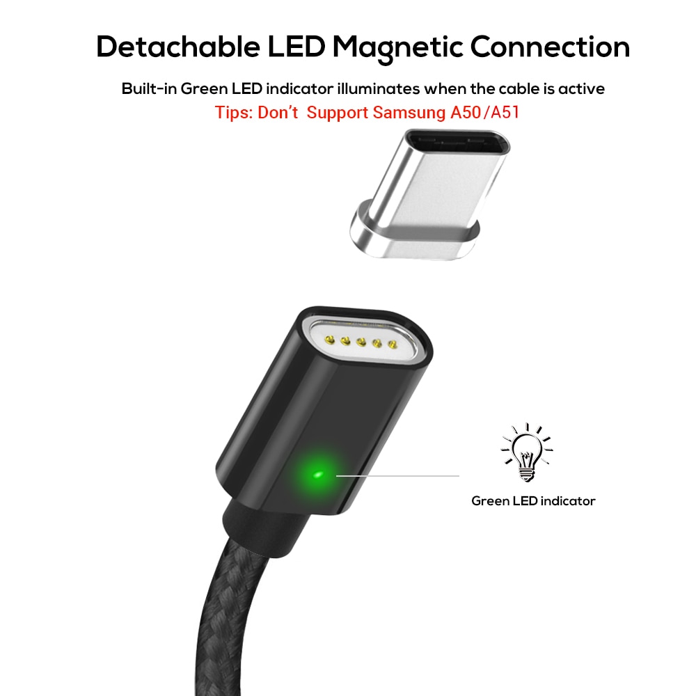 Topk  am21 magnetisk kabel usb type c kabel & mikro usb kabel nylon flettet led indikator data sync magnet opladerkabel