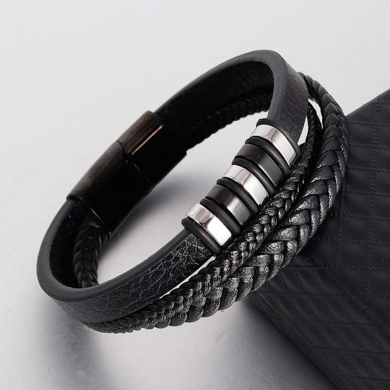 Naiqube Lederen Armband Mannen Luxe Multilayer Braied Touw Wrap Armband Voor Mannen Sluiting Polsband Handgemaakte Sieraden