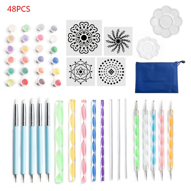 47 teile/satz Mandala Punktierung Werkzeuge für Malerei Felsen Stein Stift Schablone Schablone Pinsel Tablett Bausatz