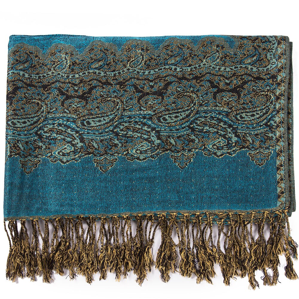 Paisley frontières Pashmina soie 2 tons écharpe enveloppement châle tête foulards léger grand mince glands longs: Turquoise