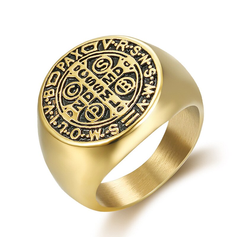 Anillos de Cruz bíblicos Vintage para hombre, joyería masculina religiosa de catolismo de acero inoxidable, tamaño de EE. UU. 7-15: 7 / Gold
