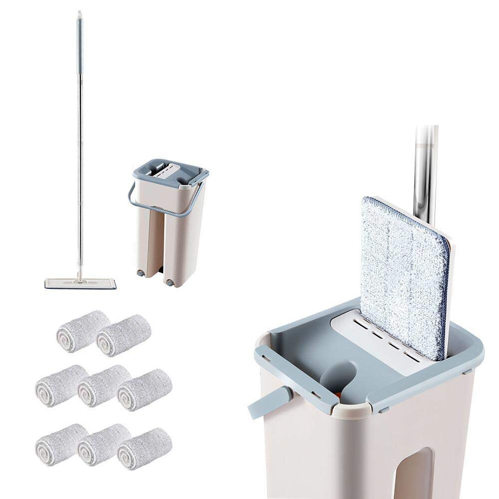 Klem flad moppe håndfri vridning af gulv rengøring moppe mikrofiber moppepuder moppespand med vrider 360 ° drejeligt hoved genanvendeligt: Med 8 stk. puder