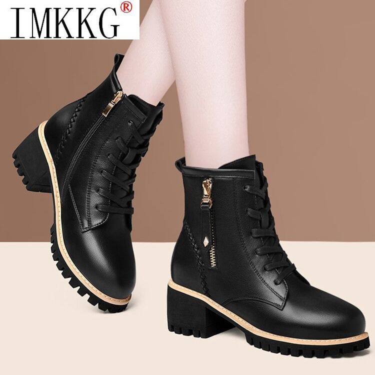 Bottes Martin en cuir souple et coton pour femmes, nouvelles chaussures chaudes de à semelle épaisse assorties avec tout, automne et hiver