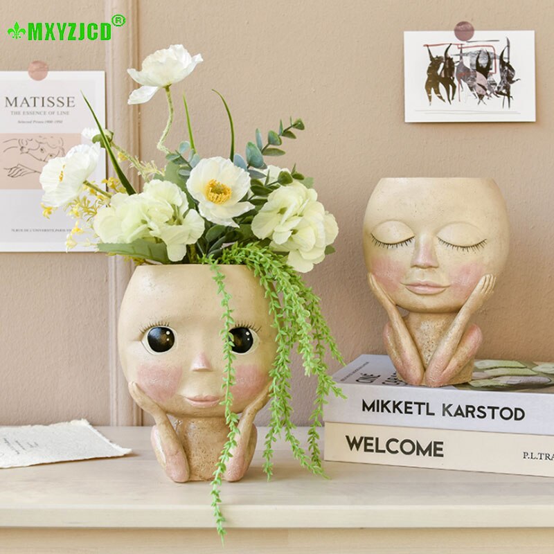 Pop met grote ogen, vaas van hars, figuur, sculptuur, knutsel- en opbergcontainer, bloemstukcontainer, huisdecoratie, accessoires