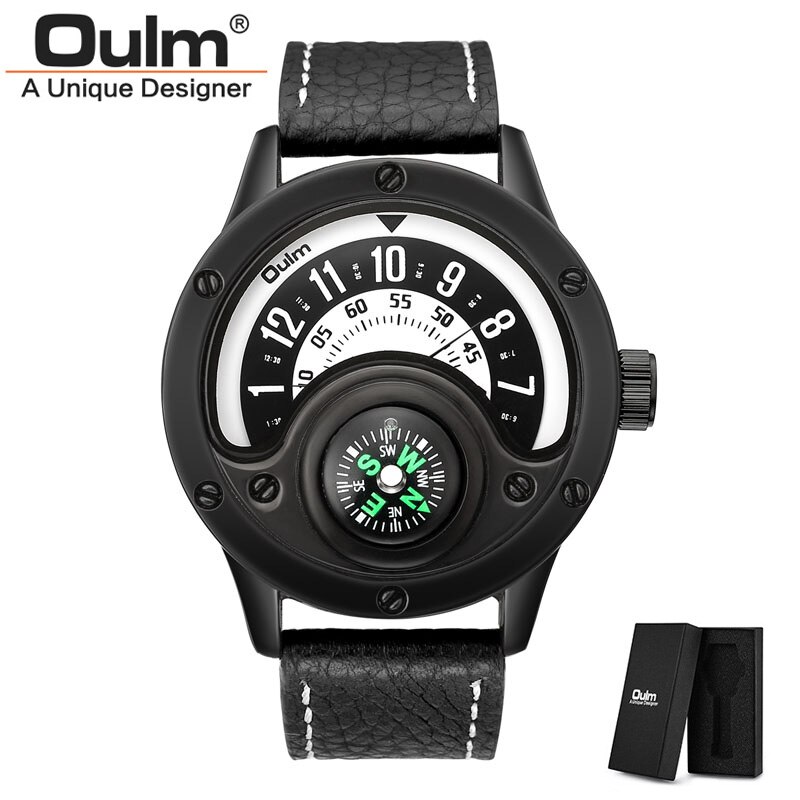 Oulm 3880 Mannen Luxe Sport Quartz Horloge Mannen Lederen Horloges Decoratieve Kompas Big Size Man Horloge Relogio Masculino: Black(with box)