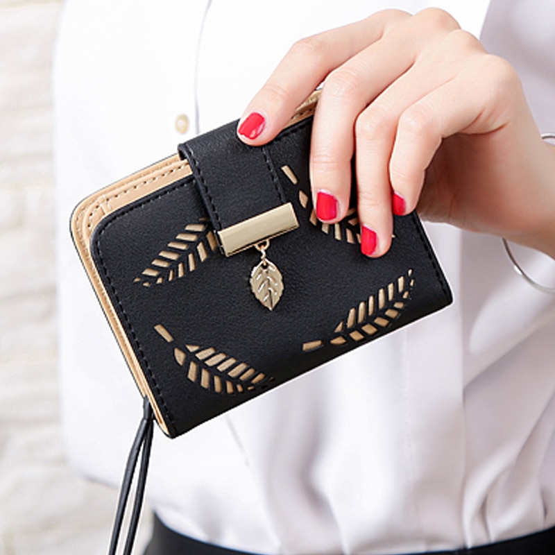 Women's Wallet Female Short Wallets Hollow Leave Pouch Handbag for Women Coin PU Leather Purses Card Holder Carteira