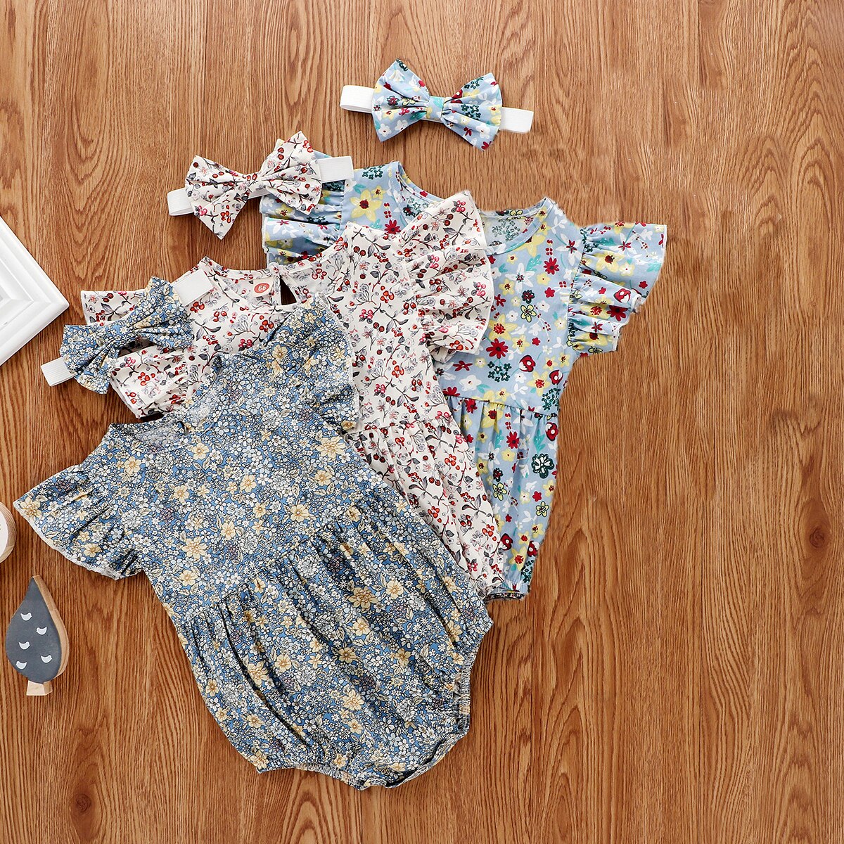 Meisje 2Pcs Bloem Gedrukt Romper Set, fly Mouwen Ronde Hals Driehoek Bodysuit Met Hoofdband Voor 0-24 Baby Zomer Dragen