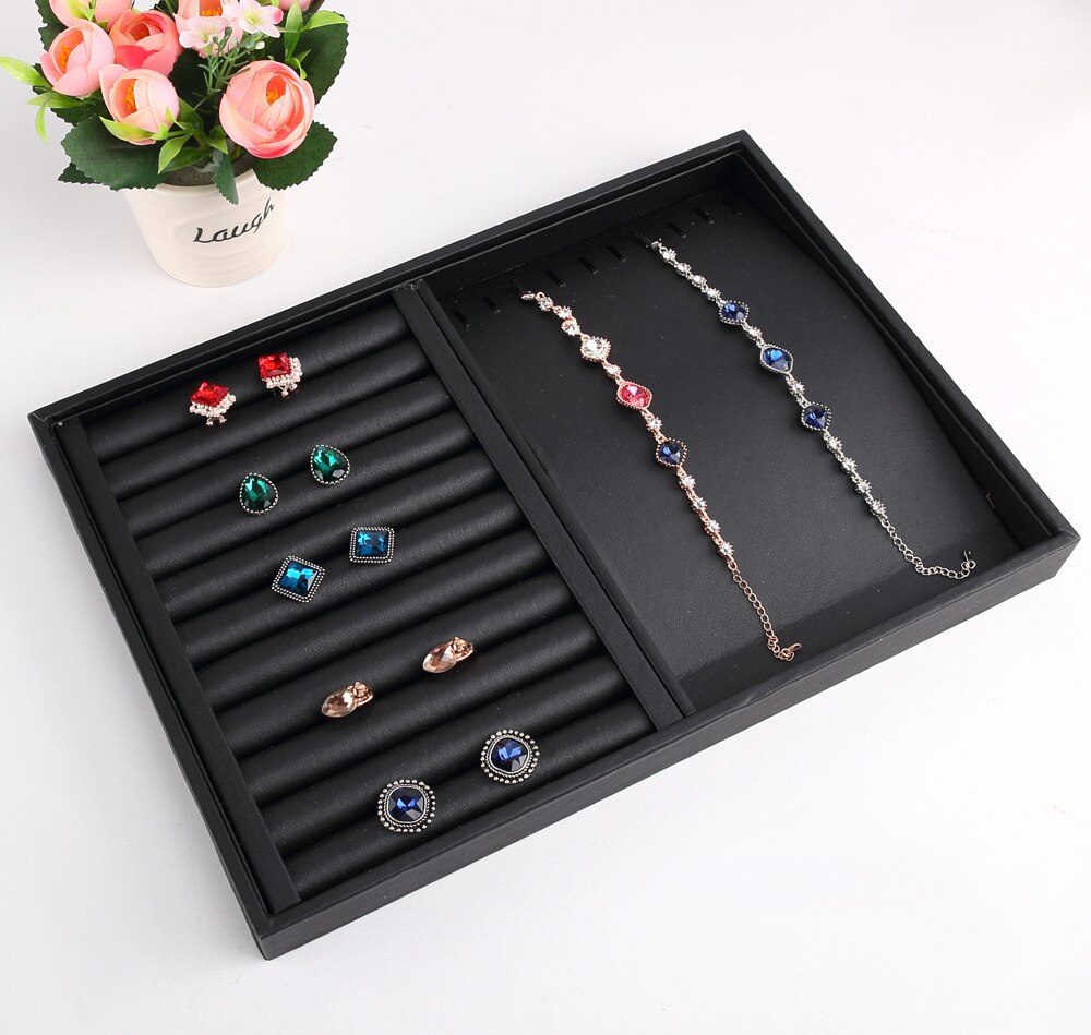 Luxe Zwart Pu Lederen Sieraden Pallet Ketting Lade Voor Show Ringen Armband Tentoonstelling Sieraden Organisator Vitrines