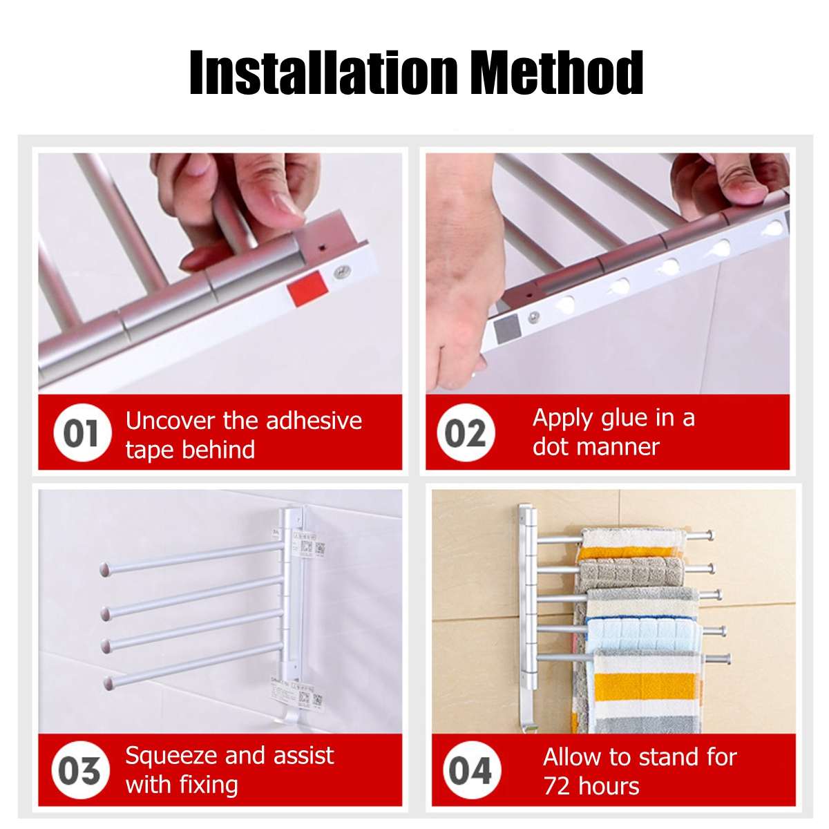 Bathroom Swivel Towel Bar 4-Arm Stainless Steel Swing Hanger Towel Rack with Hook Space Saving Wall Mount Rotating Towel Rail