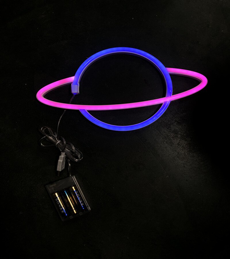 Led neonlampe farverig elliptisk planetformet vægskilt neonlys usb hængelampe til soveværelse hjem festindretning: Lyserød blå