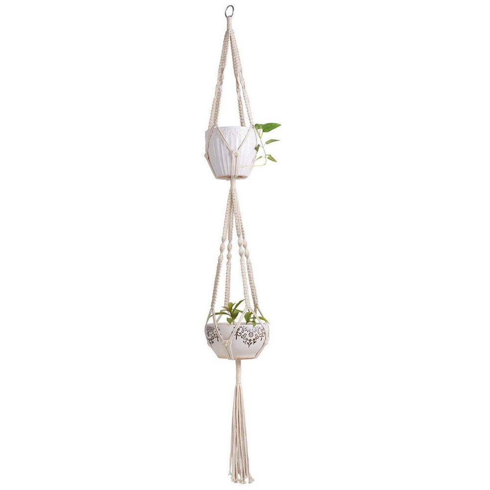 Macramé-colgador doble de planta para interior y exterior, maceta colgante de 2 niveles, cuerda de algodón, 4 Patas, 67 pulgadas
