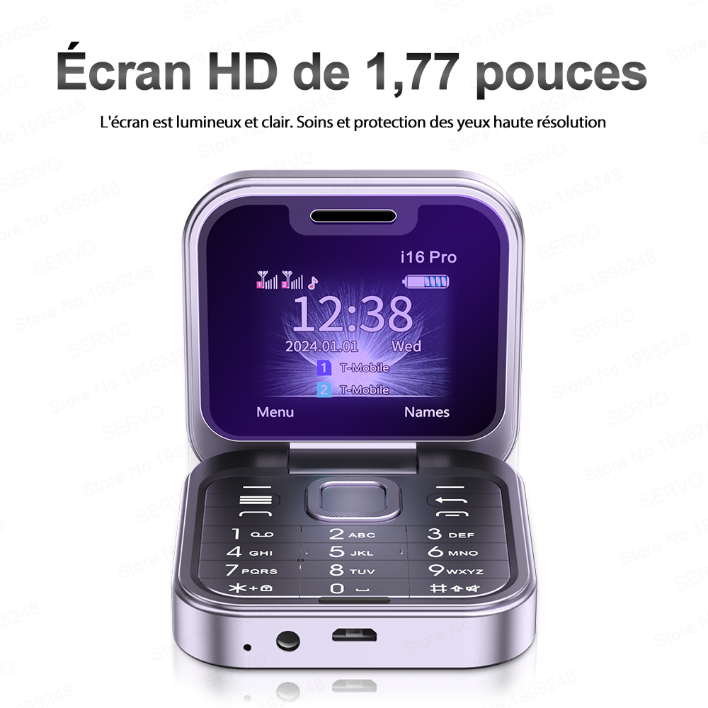 Servo i16 pro dobrável mini telefone móvel 2g cartão sim duplo velocidade dial voz mágica 1.77''tela 3.5mm jack flip celular tipo-c