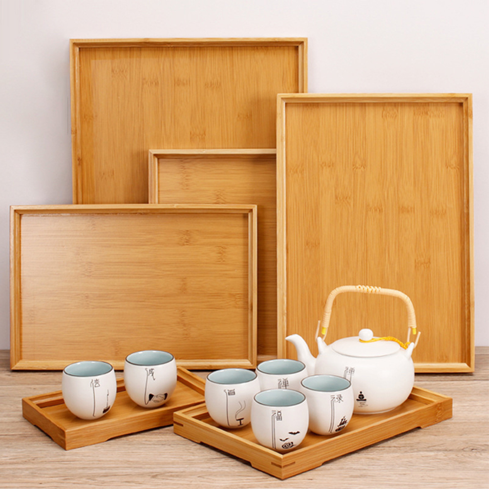 Bandeja para servir Rectangular de madera de bambú, bandejas para tazas de té, vajilla, bandeja de comida, bandeja de almacenamiento para cocina, , barra de té