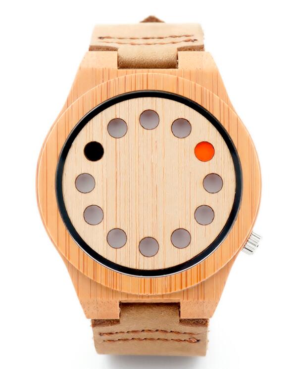 BOBO VOGEL Milieuvriendelijke Houten Horloge Heren Top Luxe Unieke Gaten Lederen Quartz Horloge met Lederen Band: Coffee