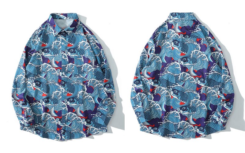 Gonthwid japansk stil havbølge karpe koi fisk print hawaiian strand skjorter herre harajuku afslappet langærmet kjole skjorte toppe: L