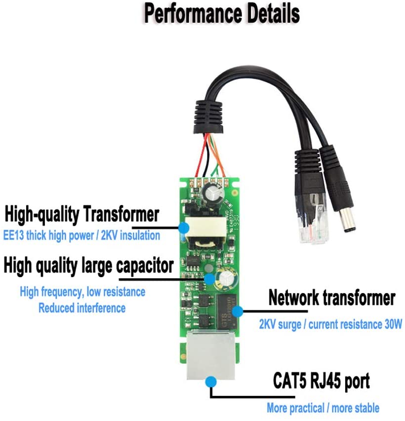Splitter PoE 48V A 12V IP55 Impermeabile – 2 Pezzi, RJ45 Con Connettore DC 5.5x2.1 Mm Per Telecamere IP E Reti