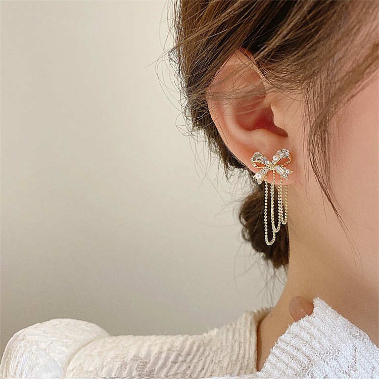 2022 New Rhinestone Pearl Bow Tassel Earrings Women&#39;s Fashion Temperament Stud Earrings Wedding Jewelry Birthday Present