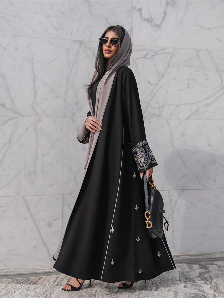 Ramadan eid svart broderi öppen modest abaya dubai sommar muslimsk kimono abayas för kvinnor kaftanklänningar islamiska kläder