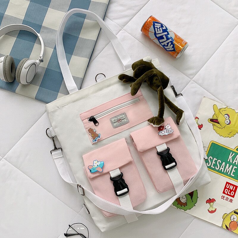 Student Backpack Book Bag Large-capacity Canvas School Class Female Bag Girls Canvas Shoulder Messenger Crossbody Bag: white with frog