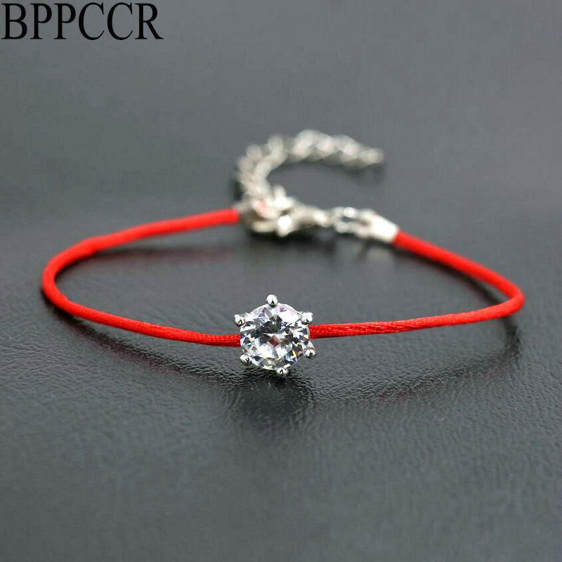 BPPCCR Dünne rot Seil Faden Schnur Armbänder Frauen Mädchen Silber Farbe Österreichischen Kristalle AAA Zirkon Glück Charme Armbinde Pulsears