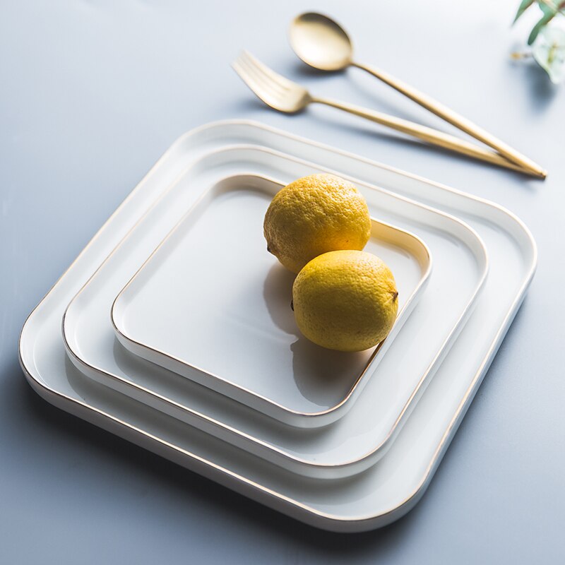 Plato cuadrado de cerámica dorada de estilo europeo, platos de cena, plato para carne de uso doméstico, contenedor de vajilla, bandeja plana, platos para Pasta