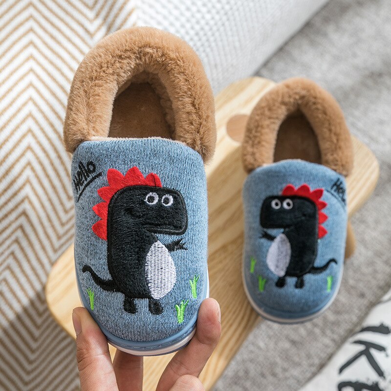 Pantoufles d'hiver pour enfants, en coton dinosaure, chaussures d'intérieur pour bébés, douces, antidérapantes, chaudes